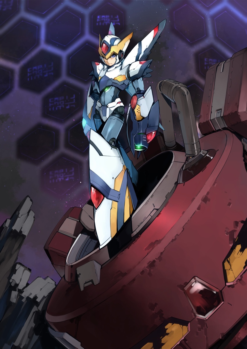 absurdres android arm_cannon blue_eyes falcon_armor_x_(mega_man) helmet highres looking_at_viewer male_focus mecha mega_man_(series) mega_man_x_(series) mega_man_x_dive robot science_fiction shimizu_eiichi shimoguchi_tomohiro standing v-fin weapon x_(mega_man)
