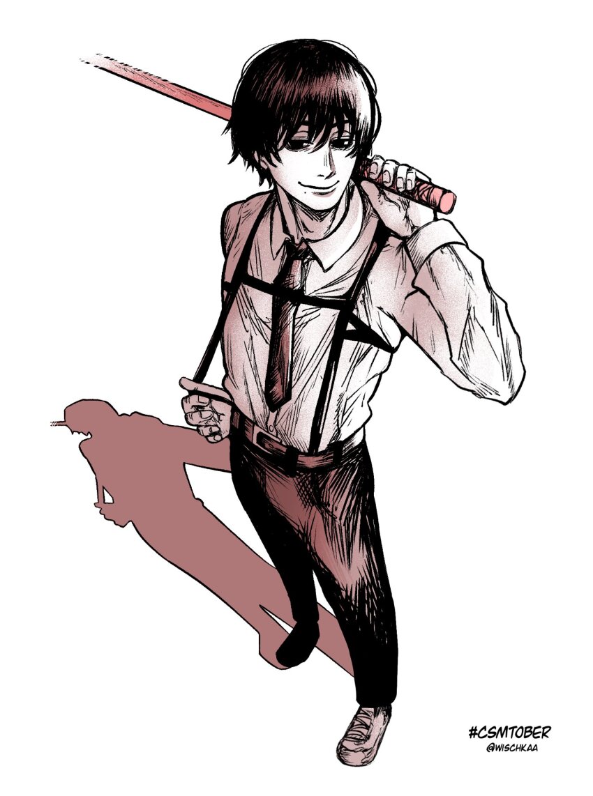 1boy chainsaw_man commentary dress_shirt from_above hatching_(texture) highres holding holding_sword holding_weapon limited_palette male_focus mole mole_under_mouth necktie shadow shirt smile solo suspenders suspenders_pull sword twitter_username weapon wischkaa yoshida_hirofumi