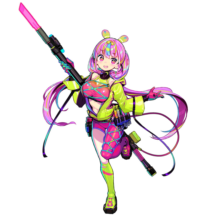 1girl :d asymmetrical_legwear blonde_hair blue_hair game_cg girls&#039;_frontline girls&#039;_frontline_neural_cloud gloves green_hair green_jacket highres jacket navel official_art onono_imoko open_clothes open_jacket open_mouth pink_eyes pink_hair puzzle_(neural_cloud) smile solo standing standing_on_one_leg symbol-shaped_pupils tachi-e third-party_source transparent_background x-shaped_pupils