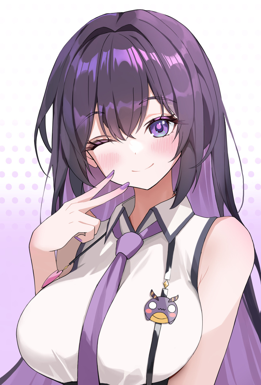 1girl absurdres arisa_(charon_universe) bare_shoulders breasts charon_universe closed_mouth collared_shirt colored_inner_hair commentary domodomo0708 gradient_background hand_up highres large_breasts long_hair looking_at_viewer multicolored_hair nail_polish necktie one_eye_closed purple_eyes purple_hair purple_nails purple_necktie shirt sleeveless sleeveless_shirt smile solo two-tone_background two-tone_hair upper_body v virtual_youtuber white_background white_shirt
