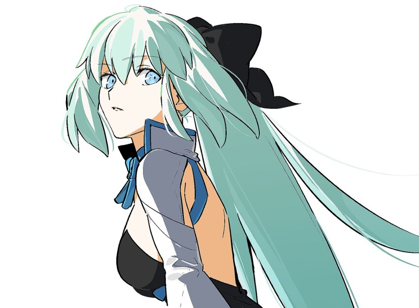 1girl black_bow blue_eyes bow chietori fate/grand_order fate_(series) hair_between_eyes hair_bow highres long_hair looking_at_viewer morgan_le_fay_(fate) morgan_le_fay_(first_ascension)_(fate) ponytail simple_background solo very_long_hair white_background white_hair