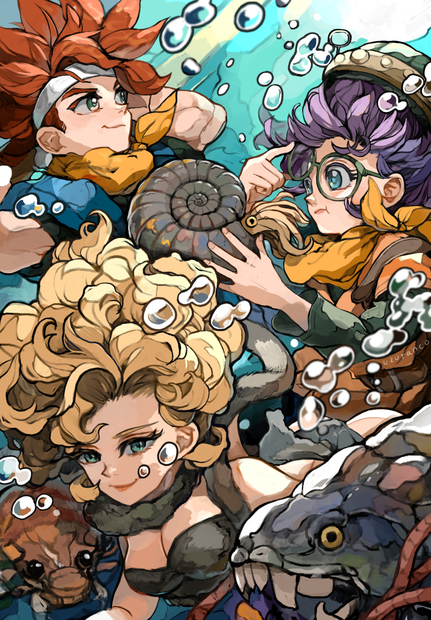 1boy 2girls adjusting_eyewear air_bubble ammonite arms_behind_head ayla_(chrono_trigger) bare_shoulders blonde_hair blue_eyes blue_tunic breasts bubble cavewoman chrono_trigger cleavage crono_(chrono_trigger) curly_hair fur_scarf fur_shirt fur_skirt glasses green_eyes grey_scarf grey_shirt grey_skirt headband helmet highres holding_breath long_hair lucca_ashtear medium_breasts multiple_girls neckerchief orange_tunic prehistoric prehistoric_animal purple_hair red_hair scarf shirt short_hair skirt smile spiked_hair swimming tunic underwater uzutanco white_headband yellow_neckerchief