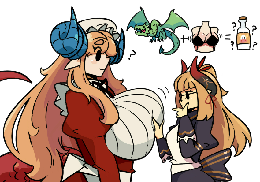 2girls ? breasts dragon_maid_(murgoten) equal_sign hat highres huge_breasts looking_at_another looking_at_breasts looking_at_viewer mob_cap multiple_girls murgoten original plus_sign spiral_horn