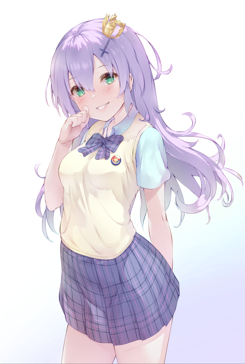 1girl absurdres arm_behind_back azur_lane blue_shirt blush bow bowtie collared_shirt cowboy_shot crown gradient_background green_eyes grin hair_between_eyes hand_up highres javelin_(azur_lane) javelin_(slow_ahead!)_(azur_lane) lips long_hair looking_at_viewer nakazawa_aki official_alternate_costume plaid_bow plaid_bowtie plaid_clothes plaid_skirt purple_bow purple_bowtie purple_eyes purple_skirt school_uniform shirt short_sleeves skirt smile solo standing swept_bangs thighs vest yellow_vest
