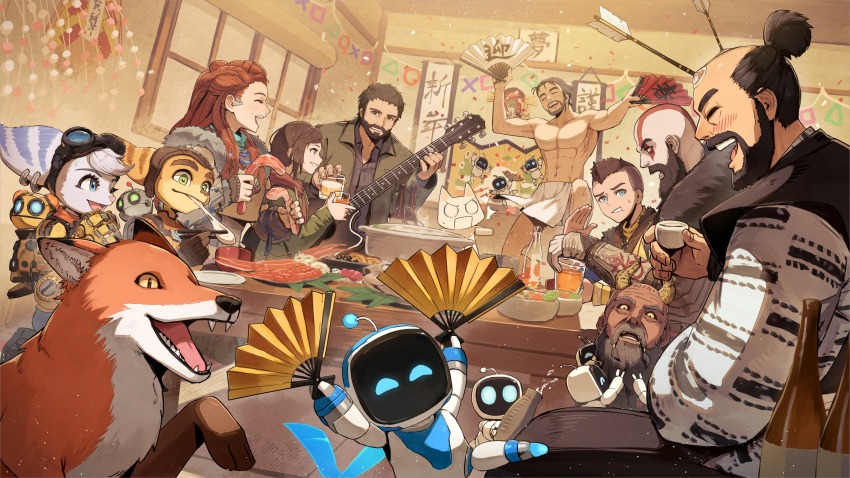 4girls 6+boys absurdres aloy_(horizon) arrow_(projectile) astro_bot_(series) atreus beard captain_astro chopsticks clank commentary company_connection confetti crab crossover cup doko_demo_issho drinking_glass eating ellie_(the_last_of_us) facial_hair father_and_son food fox fundoshi ghost_of_tsushima glass_bottle god_of_war goggles goggles_on_head hand_fan highres horizon_(video_game) horizon_zero_dawn horns inoue_toro ishikawa_sadanobu japanese_clothes joel_(the_last_of_us) kit_(ratchet_&amp;_clank) kratos_(god_of_war) kuroi_susumu loincloth mimir_(god_of_war) mochi multiple_boys multiple_crossover multiple_girls official_art playstation_symbols ratchet_&amp;_clank ratchet_&amp;_clank:_rift_apart ratchet_(ratchet_&amp;_clank) rivet_(ratchet_&amp;_clank) robot sakai_jin second-party_source sony suction-cup_arrow suction_cups table the_last_of_us the_last_of_us_(series)