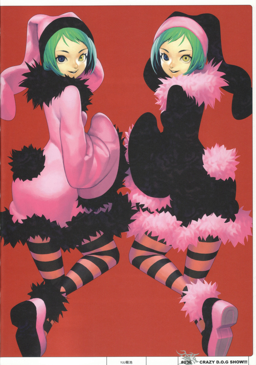 2girls absurdres black_legwear blue_eyes dogs:_bullets_&amp;_carnage fur_trim green_hair hat heterochromia highres kikuchi_yuu long_sleeves luki multiple_girls noki pantyhose pink_legwear pink_shoes shoes siblings striped_clothes striped_legwear striped_pantyhose symmetry thighhighs twins yellow_eyes