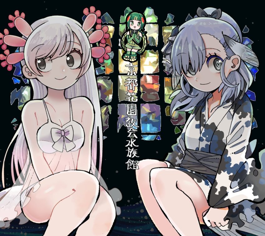 3girls animal_costume blue_hair closed_mouth green_eyes green_hair grey_eyes hair_ornament japanese_clothes jinmen-gyo_(kemono_friends) kanmoku-san kemono_friends kemono_friends_3 kimono lingerie long_hair looking_at_viewer mexico_salamander_(kemono_friends) multiple_girls negligee open_mouth red-eared_slider_(kemono_friends) ribbon stained_glass underwear white_hair