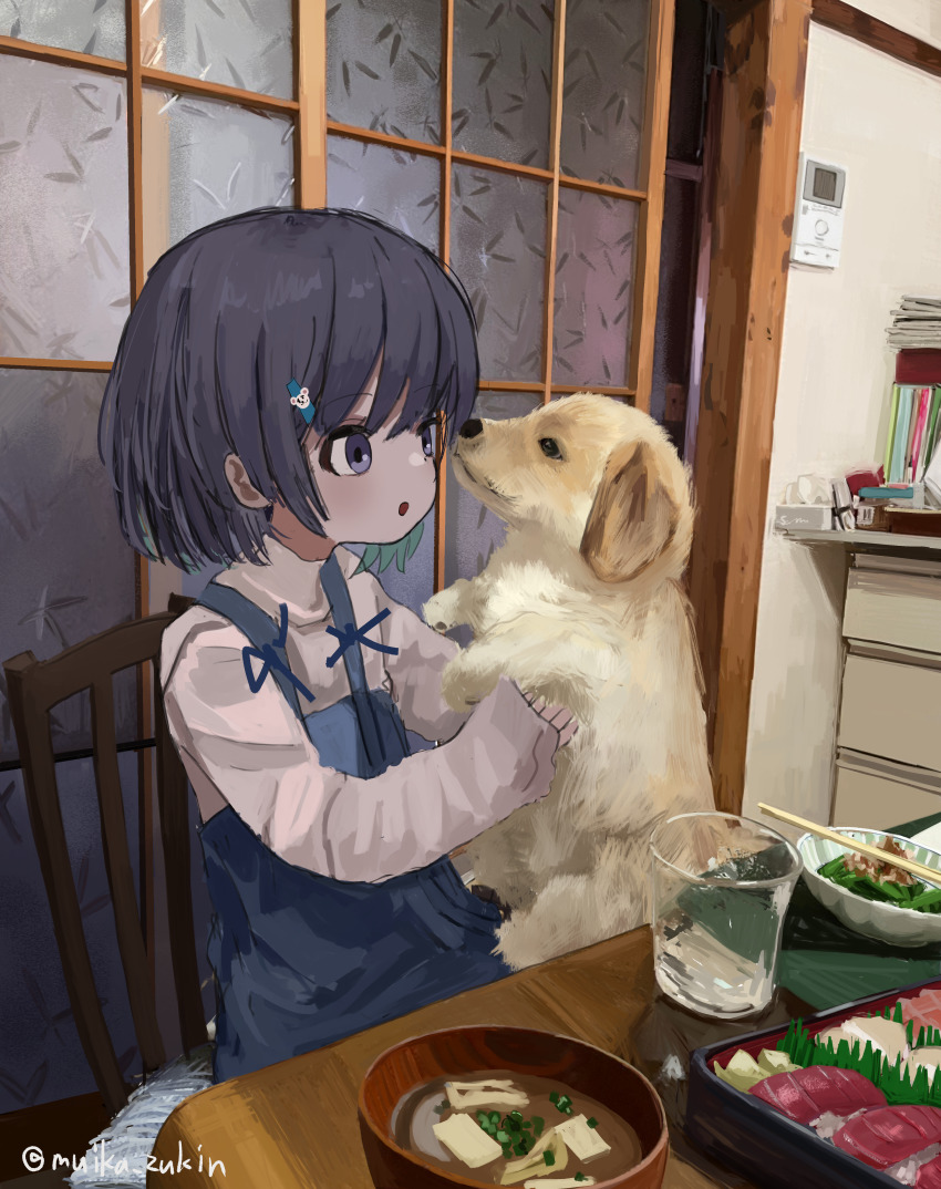 1girl :o absurdres animal black_eyes black_hair book chopsticks colored_inner_hair dog food glass hair_ornament hairclip highres holding holding_animal holding_dog indoors long_sleeves looking_at_animal miso_soup multicolored_hair on_chair original parted_lips puppy shirt short_hair shouji sitting sliding_doors sushi suspenders table twitter_username wanigumo white_shirt