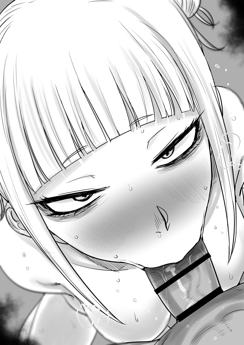 1boy 1girl :&gt;= absurdres bar_censor blunt_bangs blush boku_no_hero_academia breasts censored erection fellatio from_above grey_background greyscale hair_bun hetero highres kaiman_garupan looking_at_viewer medium_breasts messy_hair monochrome nose_blush nude oral penis pov short_hair sweat toga_himiko