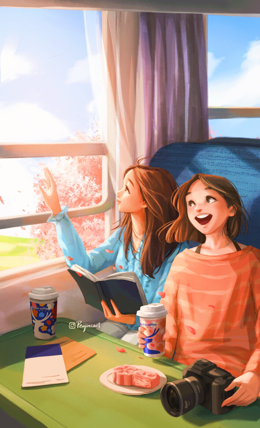 2girls absurdres ahoge blue_shirt blue_sky book bra_strap brown_eyes brown_hair camera cherry_blossoms cherry_tree closed_mouth cloud cloudy_sky cup curtains day disposable_coffee_cup disposable_cup guest_art highres holding holding_book holding_cup indoors instagram_username long_hair looking_to_the_side medium_hair mooncake multiple_girls open_book open_window orange_shirt original pants peijinyang plate product_placement profile shirt sitting sky table teeth train_interior upper_teeth_only white_pants wide_mouth window window_shadow