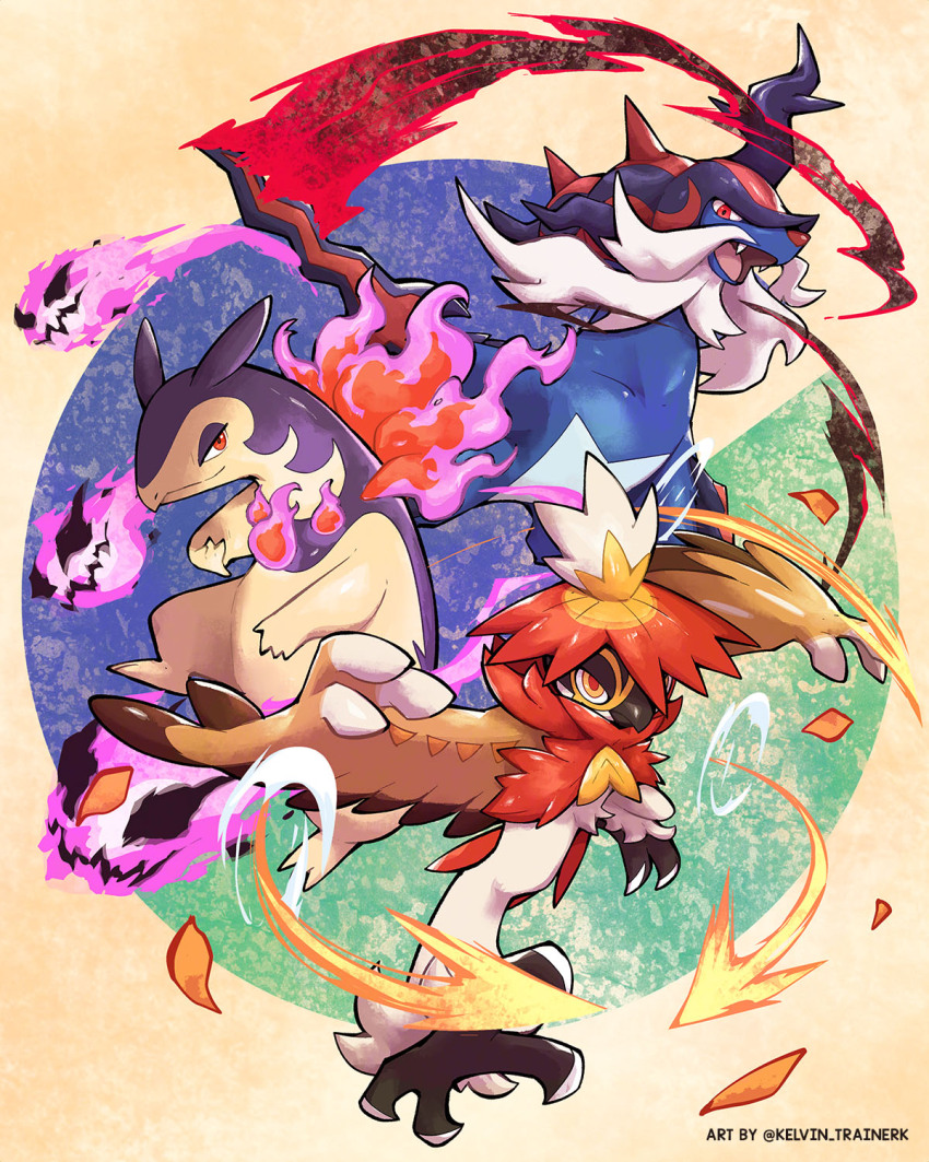 closed_mouth commentary falling_leaves fangs fire highres hisuian_decidueye hisuian_samurott hisuian_typhlosion kelvin-trainerk leaf nintendo open_mouth pokemon pokemon_(creature) purple_fire red_eyes sideways_glance smile tongue twitter_username
