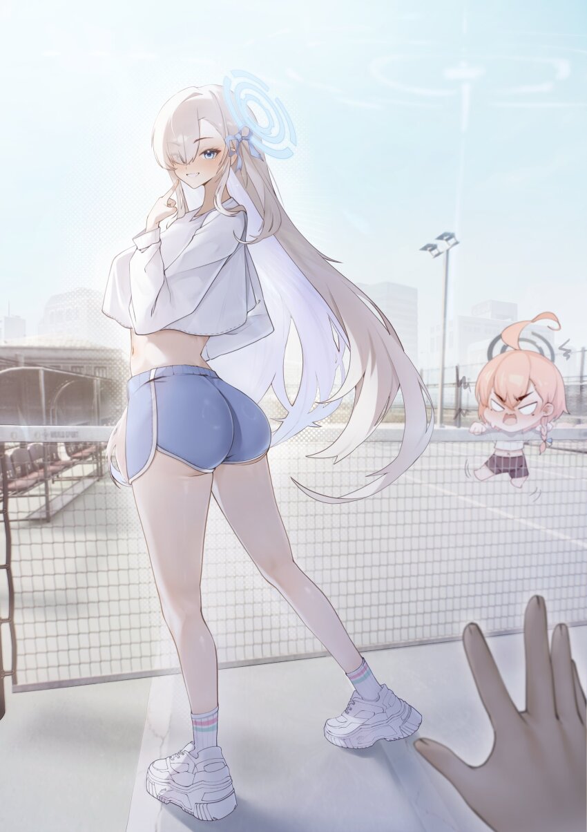 2girls absurdres alternate_costume ass asuna_(blue_archive) blonde_hair blue_archive blue_shorts chibi cropped_sweater dolphin_shorts highres long_sleeves micasa_tto multiple_girls navel neru_(blue_archive) pov pov_hands shorts sweater tennis_court white_sweater