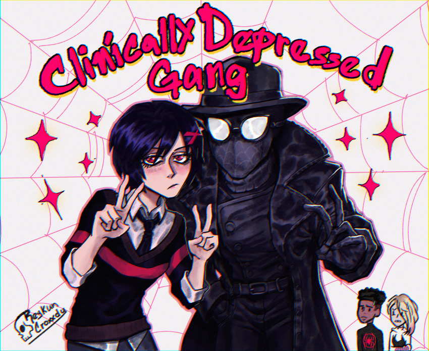 2boys 2girls black_coat black_hair black_hat black_necktie black_sweater blonde_hair coat commentary dark-skinned_male dark_skin english_text fedora frown gwen_stacy hair_ornament hair_over_one_eye hat highres marvel mask miles_morales multicolored_hair multiple_boys multiple_girls necktie peni_parker pink_hair red_eyes reykun school_uniform shirt short_hair signature spider-gwen spider-man:_across_the_spider-verse spider-man_(miles_morales) spider-man_(series) spider-man_noir spider-verse streaked_hair superhero_costume sweatdrop sweater two-tone_hair untucked_shirt x_hair_ornament