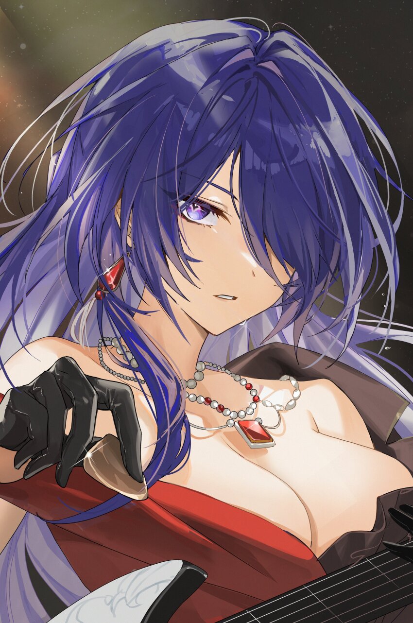1girl absurdres acheron_(honkai:_star_rail) b_soyo1 bare_shoulders black_gloves breasts cleavage commentary earrings gloves guitar hair_over_one_eye highres holding holding_guitar holding_instrument holding_plectrum honkai:_star_rail honkai_(series) instrument jewelry large_breasts long_hair looking_at_viewer necklace parted_lips plectrum portrait purple_eyes purple_hair solo symbol-only_commentary