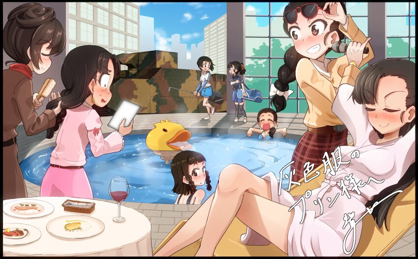 6+girls absurdres adjusting_eyewear alternate_hairstyle bare_legs bathrobe bikini bird black_hair blue_bikini blue_shorts braid breasts brown_coat brown_eyes brown_hair brown_shirt brown_skirt brushing_another&#039;s_hair brushing_hair chair checkered_clothes checkered_skirt city closed_eyes closed_mouth coat cup drinking_glass duck eyewear_on_head food_request fukuda_haru girls_und_panzer golf_bag golf_club hair_bun highres holding holding_golf_club holding_microphone holding_tablet_pc hosomi_shizuko ikeda_emi jacket jinguu_(4839ms) large_breasts long_braid looking_at_phone lying microphone military_vehicle motor_vehicle multiple_girls nagura_setsuko nishi_kinuyo o-i_(tank) on_back on_chair onsen open_mouth phone pink_jacket pink_shirt pink_skirt round_table rubber_duck shirt shorts skirt smile sunglasses surprised swimsuit table tablet_pc tamada_tamaki tank twin_braids uenishi_chiyoko wine_glass yellow_shirt