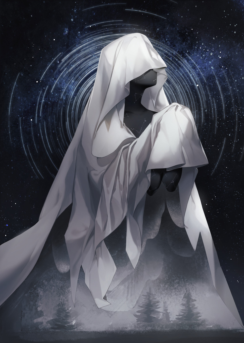 1other absurdres ambiguous_gender black_skin cloak colored_skin constellation covered_face double_exposure hands_up hh9903 highres looking_up night night_sky no_mouth original other_focus own_hands_together pine_tree sky solo star_(sky) star_trail starry_sky tree upper_body veil white_cloak white_veil