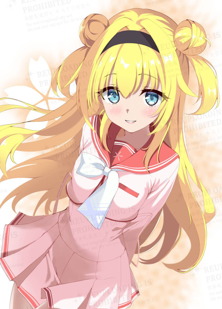 1girl arms_behind_back black_hairband blonde_hair blue_eyes blush bow bowtie chitose_sana commentary_request cowboy_shot double_bun dutch_angle eyelashes eyes_visible_through_hair floating_hair hair_between_eyes hair_bun hair_intakes hairband happy highres long_hair long_sleeves looking_at_viewer miniskirt parted_lips pink_serafuku pink_shirt pink_skirt pleated_skirt red_sailor_collar sailor_collar sakaki_asuka school_uniform serafuku shirt sidelocks simple_background skirt smile solo tenshinranman two_side_up very_long_hair watermark white_background white_bow white_bowtie
