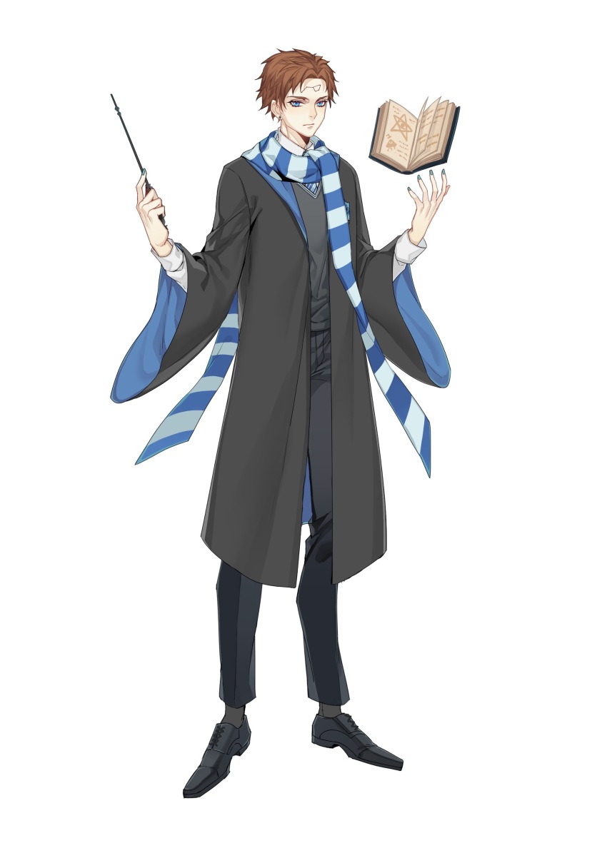 1boy absurdres black_coat black_pants black_shoes blue_scarf book brown_hair coat collared_shirt constellation cosplay dipper_gleeful dipper_pines facial_mark floating floating_book floating_object forehead_mark full_body gravity_falls grey_socks grey_sweater grimoire hands_up harry_potter_(series) highres hogwarts_school_uniform holding holding_wand legs_apart long_sleeves looking_at_viewer male_focus pants ravenclaw reverse_falls_(gravity_falls) rjun1431 scarf school_uniform shirt shoes short_hair simple_background socks solo standing striped_clothes striped_scarf sweater two-sided_coat two-sided_fabric w_arms wand white_background wide_sleeves wizarding_world