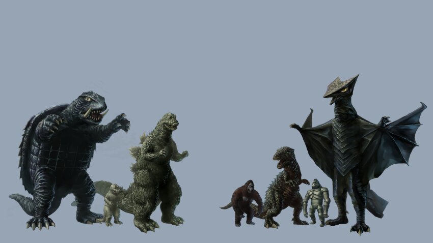 ape blue_background claws colored_sclera crossover daiei_motion_picture dinosaur father_and_son fins fish_tail gamera gamera_(series) gamera_vs._gyaos giant giant_monster giant_robot godzilla godzilla_(series) gorilla gorosaurus gyaos highres kaiju king_kong king_kong_(series) king_kong_escapes mecha mechani-kong minilla monster multiple_crossover muscular no_humans open_mouth pectorals rankin/bass_animated_entertainment red_eyes robot sharp_teeth shell simple_background size_comparison size_difference son_of_godzilla spikes tail talons teeth toho tongue turtle turtle_shell tusks ultra-taf wings yellow_eyes yellow_sclera