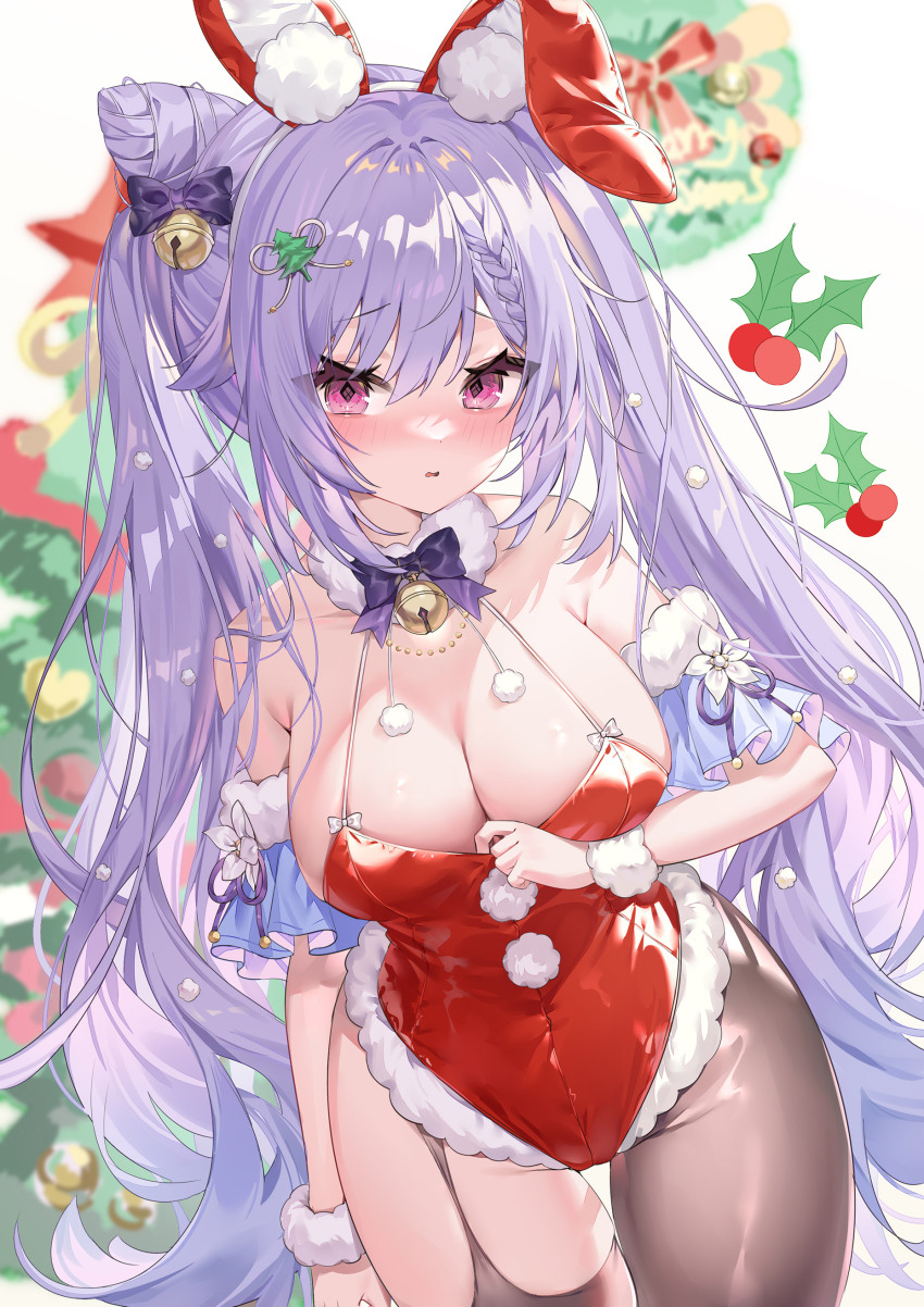 1girl absurdres alternate_costume animal_ears asymmetrical_legwear bare_shoulders bell blue_sleeves blush bracelet breasts christmas_tree_hair_ornament cleavage cone_hair_bun cowboy_shot diamond-shaped_pupils diamond_(shape) embarrassed fake_animal_ears fur-trimmed_leotard fur_bracelet fur_collar fur_sleeves fur_trim genshin_impact grey_pantyhose hair_bell hair_bun hair_ornament highres keqing_(genshin_impact) large_breasts leotard long_hair looking_at_viewer medium_breasts mistletoe neck_bell open_mouth pantyhose pink_eyes playboy_bunny pom_pom_(clothes) purple_hair rabbit_ears red_leotard single_bracelet single_leg_pantyhose single_thighhigh solo symbol-shaped_pupils thigh_gap thighhighs twintails very_long_hair yuia