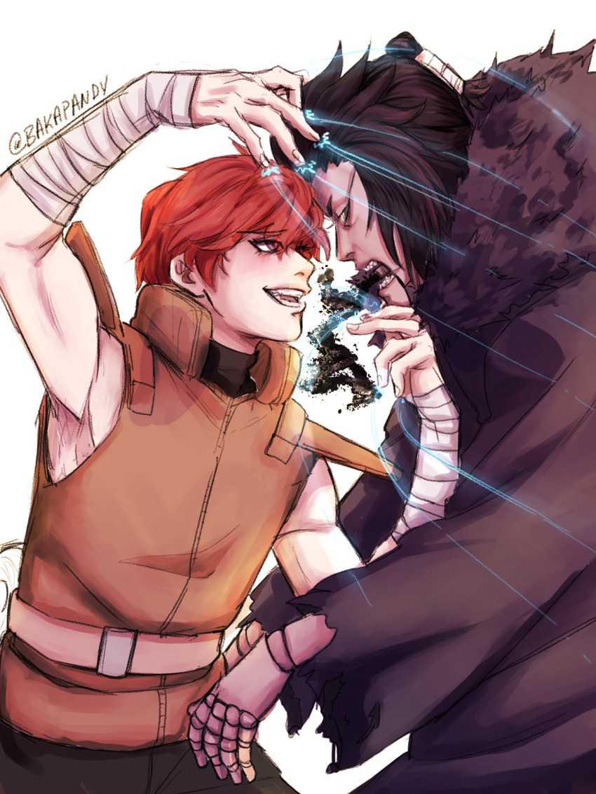 1boy armpits bakapandy bandaged_arm bandages belt highres male_focus muscular muscular_male naruto_(series) pants puppet red_hair sasori_(naruto) sleeveless solo third_kazekage vest white_background