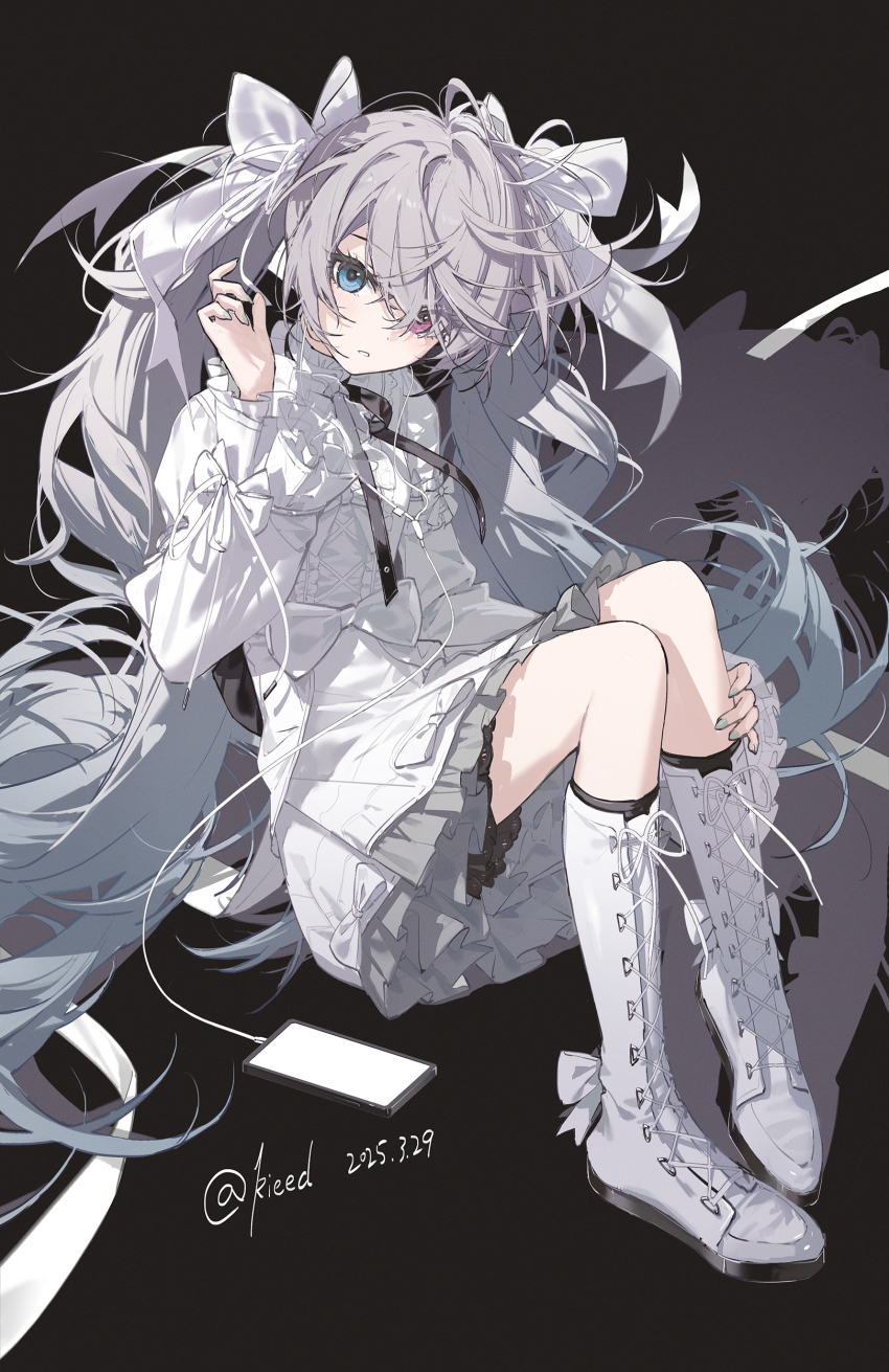 1girl 25-ji_miku absurdres aqua_eyes aqua_hair artist_name black_ribbon boots cellphone dress earbuds earphones frilled_dress frills hair_over_one_eye hatsune_miku highres kieed layered_dress long_hair long_sleeves looking_at_viewer messy_hair neck_ribbon phone pink_dress project_sekai ribbon smartphone solo twintails very_long_hair vocaloid white_boots white_dress