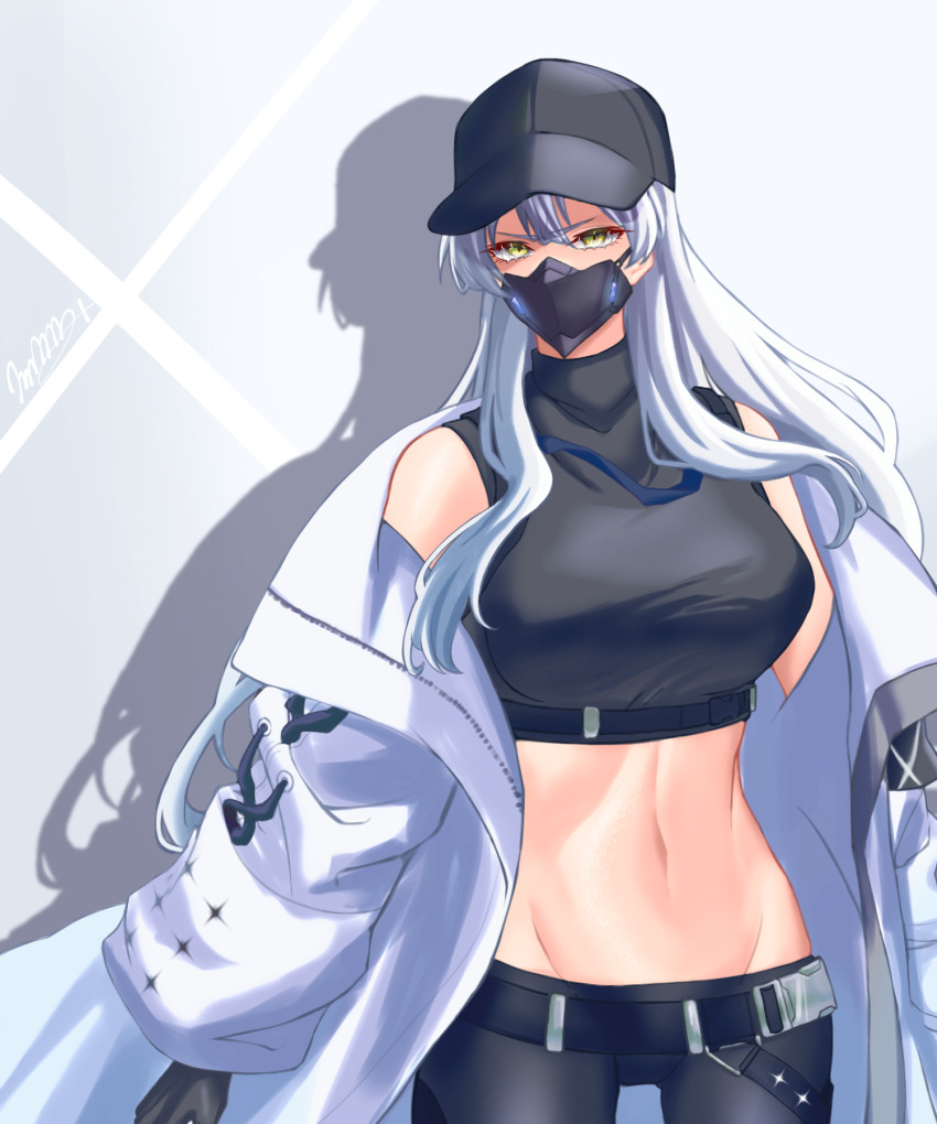1girl armband bare_shoulders baseball_cap belt black_belt black_gloves black_hat black_mask black_pants black_shirt blue_archive breasts buckle chest_harness coat commentary_request commission cosplay covered_collarbone cowboy_shot crop_top drop_shadow fire_emblem fire_emblem:_radiant_dawn gloves grey_hair groin hair_between_eyes harness hat highres holster large_breasts long_hair looking_at_viewer marth-chan_(micaiah_mrmm) mask micaiah_(fire_emblem) midriff mouth_mask navel nintendo pants pixiv_commission saori_(blue_archive) saori_(blue_archive)_(cosplay) shadow shirt sidelocks sleeveless sleeveless_shirt snap-fit_buckle solo standing thigh_holster underbust white_coat yellow_eyes