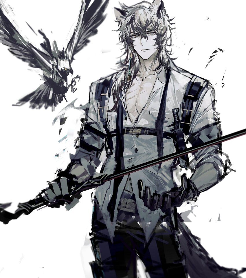 1boy absurdres animal_ear_fluff animal_ears arknights belt bird black_gloves black_pants buttons chest_harness closed_mouth collarbone cowboy_shot dagger earrings elite_ii_(arknights) expressionless gloves harness highres holding holding_sword holding_weapon jewelry knife leopard_ears leopard_tail long_sleeves looking_at_viewer male_focus multicolored_hair necktie open_clothes open_shirt pants remsrar sheath sheathed shirt silverash_(arknights) silverash_(elite_ii)_(arknights) simple_background single_earring solo streaked_hair sword tail tenzin_(arknights) undone_necktie weapon white_background white_hair white_shirt