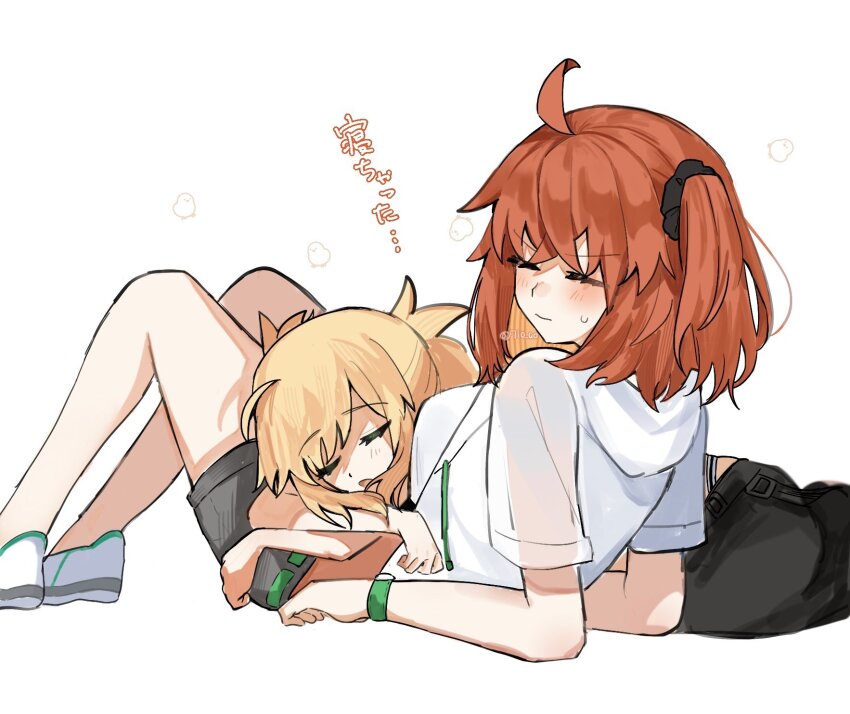 2girls 710_ao ahoge artoria_caster_(fate) artoria_caster_(swimsuit_berserker)_(fate) artoria_caster_(swimsuit_berserker)_(first_ascension)_(fate) artoria_pendragon_(fate) blonde_hair closed_eyes fate/grand_order fate_(series) fujimaru_ritsuka_(female) fujimaru_ritsuka_(female)_(summer_street) highres hood hoodie lying multiple_girls no_headwear on_back one_side_up orange_hair shorts sleeping sweatdrop white_hoodie