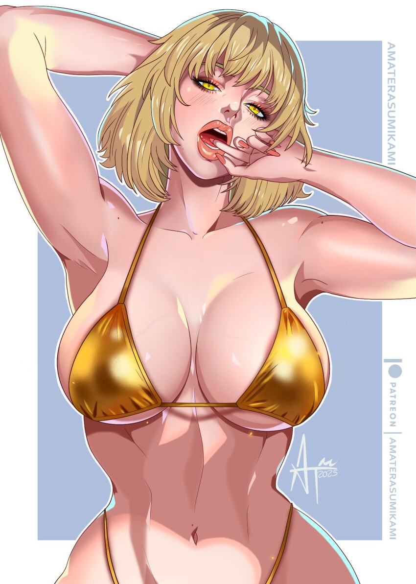 1girl amaterasu_(amaterasumikami) arm_behind_head armpits bikini blonde_hair blush breasts dungeon_meshi falin_touden finger_in_own_mouth gold_bikini highres large_breasts lipstick looking_at_viewer makeup mole mole_on_arm nail_polish open_mouth shadow signature solo swimsuit teeth yellow_eyes