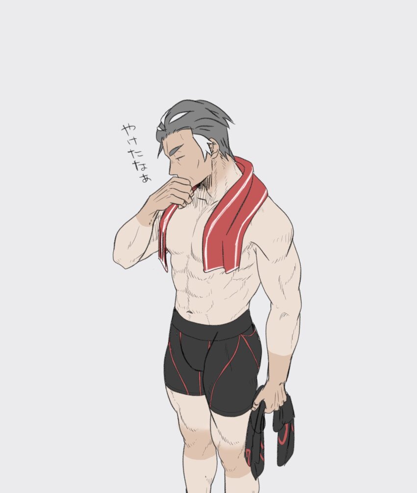 1boy abs artist_request bara boxer_briefs grey_hair highres kabu_(pokemon) large_pectorals male_focus male_underwear multicolored_hair muscular muscular_male navel nintendo old old_man pectorals pokemon pokemon_swsh tan tanline thighs topless_male towel towel_around_neck translation_request two-tone_hair underwear underwear_only white_hair