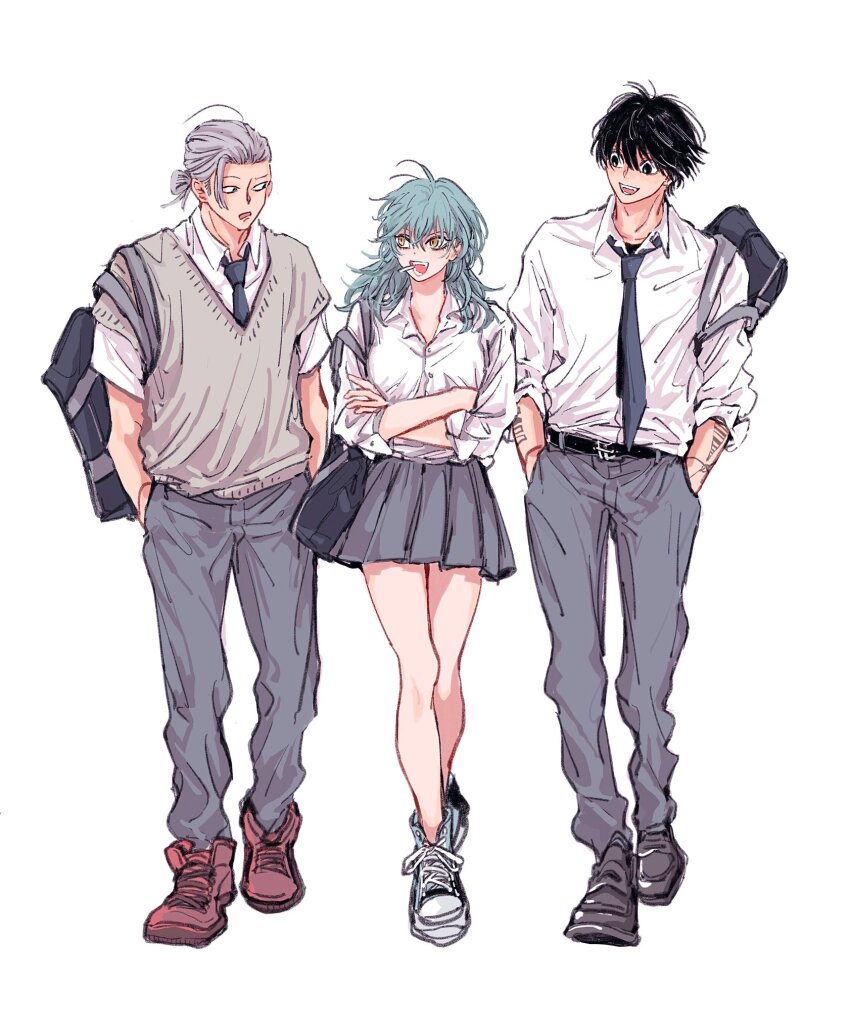 1girl 2boys akao_rion arm_tattoo bag belt black_belt black_eyes black_footwear black_hair black_necktie blue_hair collared_shirt crossed_arms full_body grey_hair grey_pants grey_skirt grey_vest hair_bun hair_pulled_back highres long_hair miniskirt mouth_hold multiple_boys nagumo_(sakamoto_days) necktie neuchimonai open_mouth pants red_footwear sakamoto_days sakamoto_taro sakamoto_taro_(skinny) school_bag shirt shoes short_hair simple_background skirt sleeves_rolled_up smile sneakers standing tattoo vest white_background white_shirt yellow_eyes