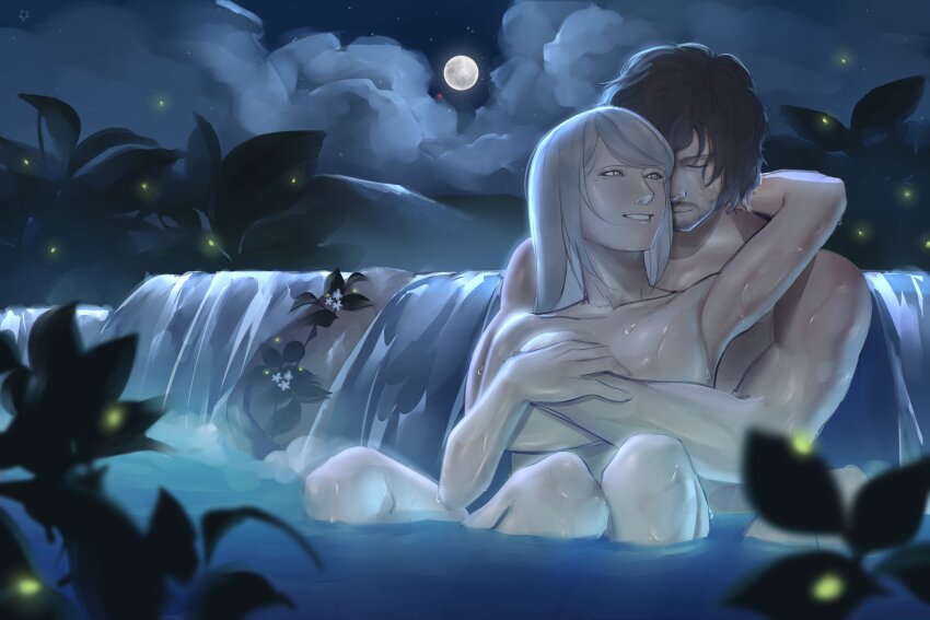 1boy 1girl afterglow animal armpits bathing black_hair bunnedbutter clive_rosfield closed_eyes cloud cloudy_sky completely_nude couple covering_privates facial_hair final_fantasy final_fantasy_xvi fireflies full_moon grabbing_another&#039;s_breast grey_hair groping happy highres hug hug_from_behind jill_warrick leaning_on_person long_hair looking_at_another mixed-sex_bathing moon muscular muscular_male night night_sky nude on_water scar scar_on_face shared_bathing short_hair sitting_on_water sky smile water waterfall wet
