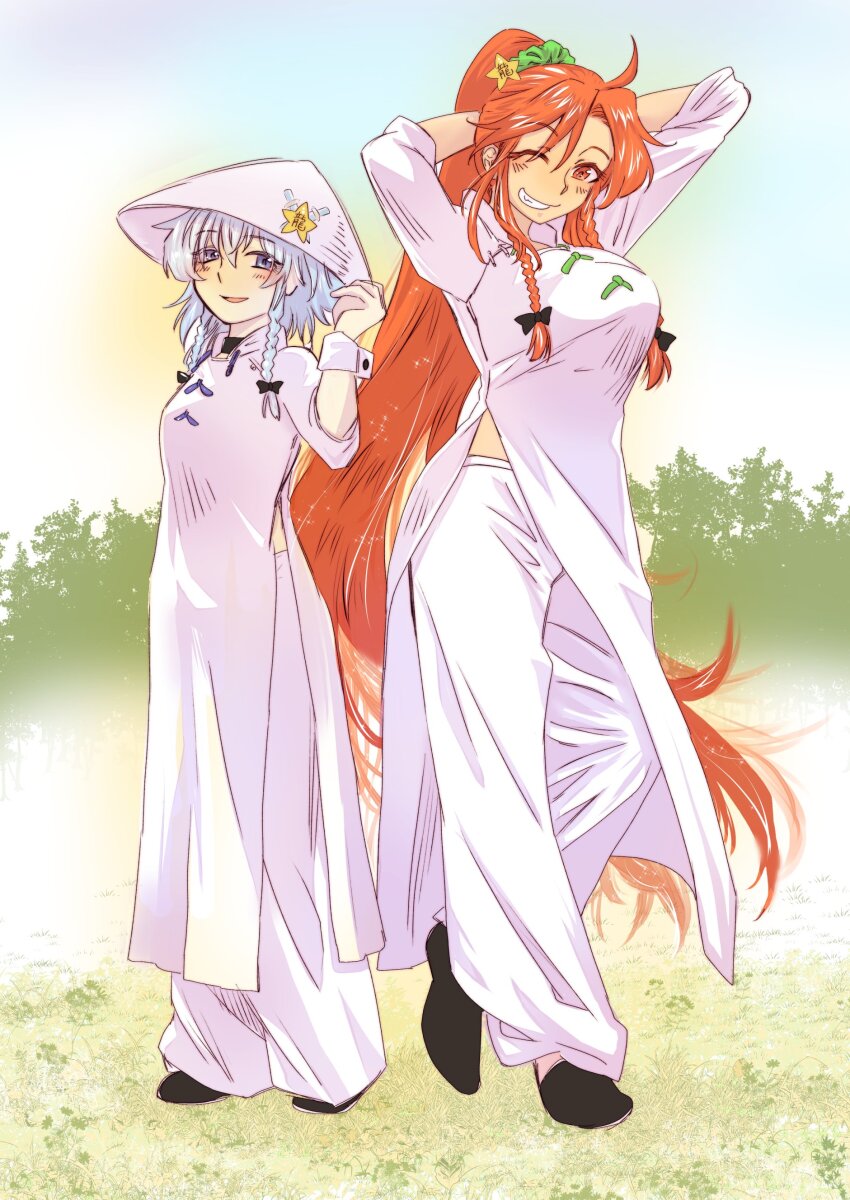 2girls absurdres alternate_hairstyle ao_dai baggy_pants braid commentary_request dress high_ponytail highres hong_meiling izayoi_sakuya multiple_girls nunnun_(shunka_shuutou) pants ponytail red_hair touhou twin_braids white_dress white_hair white_pants wrist_cuffs