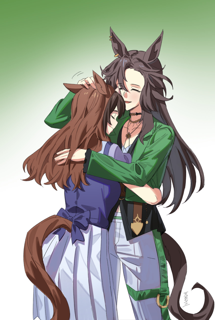 2girls :d ^_^ affectionate animal_ears back_bow black_hair black_shirt bow brown_hair brown_tail closed_eyes commentary_request ears_back green_jacket headpat highres horse_ears horse_girl horse_tail hug jacket jewelry long_hair long_sleeves matoi_sakuretsu multiple_girls necklace open_mouth pants parted_bangs pleated_skirt puffy_short_sleeves puffy_sleeves purple_bow purple_shirt sailor_collar sailor_shirt school_uniform shirt short_sleeves skirt smile speed_symboli_(umamusume) symboli_rudolf_(umamusume) tail tracen_school_uniform umamusume white_pants white_sailor_collar white_skirt