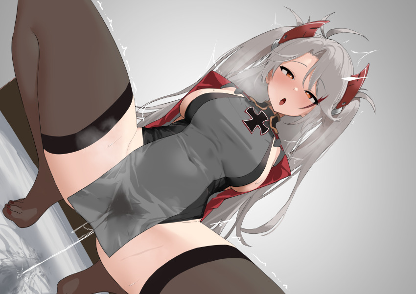 1girl absurdres ahoge azur_lane breasts brown_thighhighs commentary_request covered_navel dress gradient_background grey_background grey_dress grey_hair hakkaman119 highres large_breasts large_variant_set long_hair multicolored_hair open_mouth prinz_eugen_(azur_lane) pussy_juice sideboob solo squatting streaked_hair thick_thighs thighhighs thighs tongue two_side_up variant_set