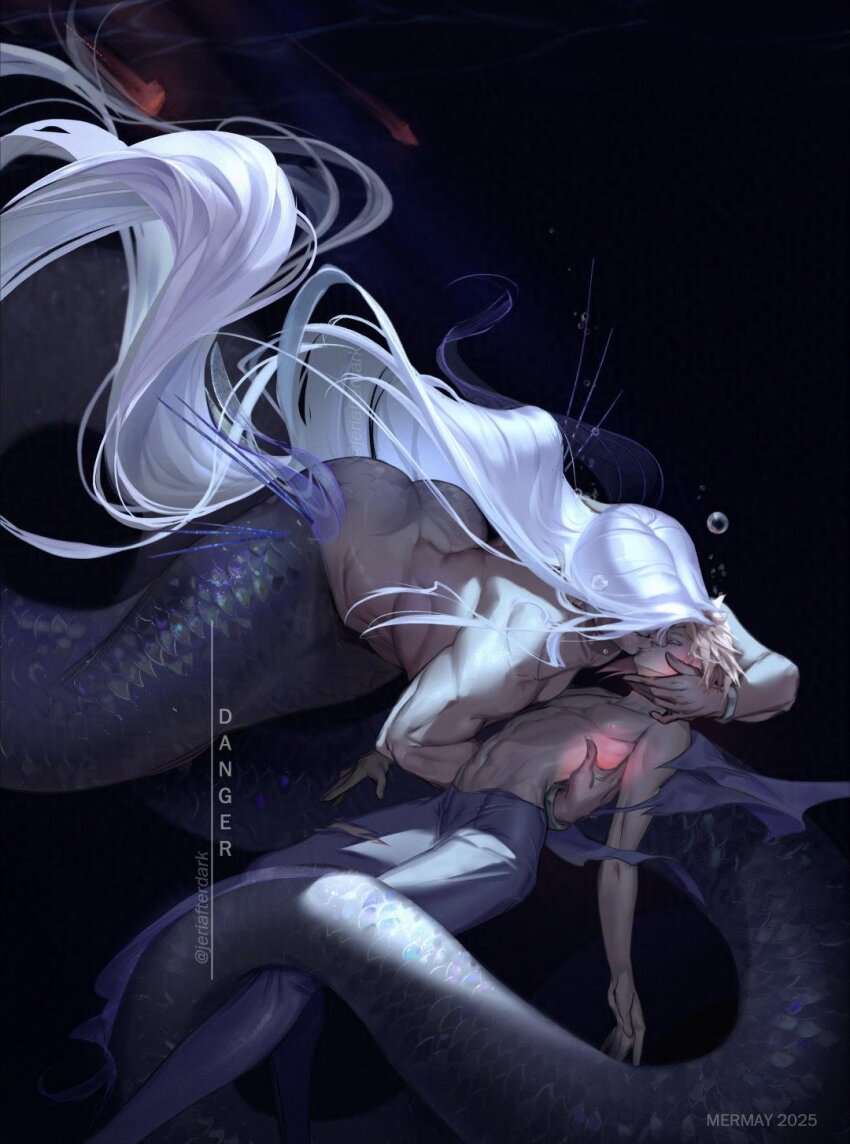 2boys absurdly_long_hair air_bubble ass back_muscles black_background blonde_hair bracelet bubble closed_eyes cloud_strife commentary couple english_commentary english_text final_fantasy final_fantasy_vii hand_on_another&#039;s_face highres jeriafterdark jewelry kiss long_hair male_focus merman monster_boy multiple_boys muscular muscular_male parted_hair pectorals scales sephiroth short_hair topless_male twitter_username very_long_hair white_hair yaoi