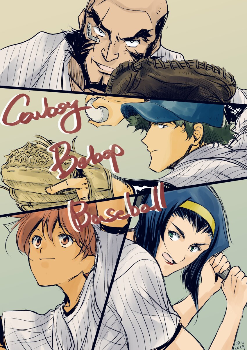 2boys 2girls absurdres baseball baseball_bat beard commentary cowboy_bebop edward_wong_hau_pepelu_tivrusky_iv facial_hair faye_valentine hairband highres holding holding_baseball_bat jet_black lipstick makeup multiple_boys multiple_girls scar scar_across_eye scar_on_face smile spike_spiegel tobalin yellow_hairband