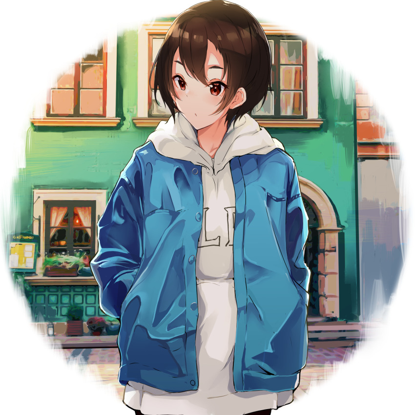 1girl absurdres brown_eyes brown_hair city hands_in_pockets highres hood hoodie house jacket nashimisaki_futakotamagawa original outdoors short_hair solo