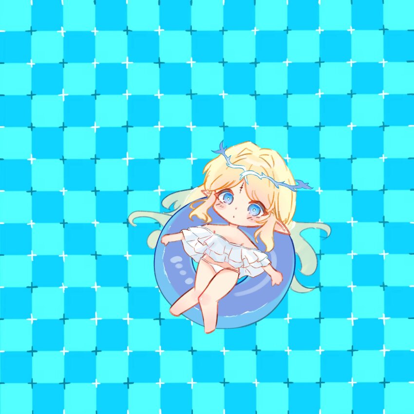 1girl alternate_costume bare_legs bare_shoulders bikini blonde_hair blue_eyes cartethyia_(wuthering_waves) commentary_request crown_of_thorns frilled_bikini frills from_above highres long_hair looking_up obyake optical_illusion parted_bangs pointy_ears primrose_field_illusion sidelocks solo swim_ring swimsuit tacet_mark_(wuthering_waves) tagme white_bikini wuthering_waves