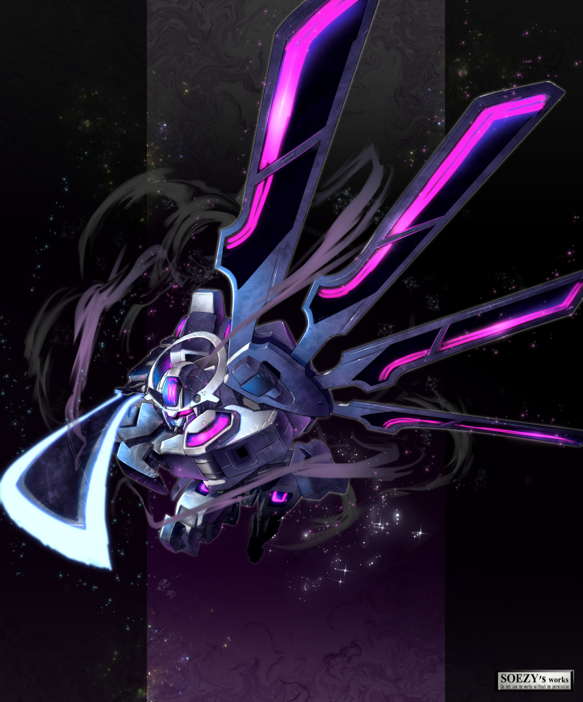 absurdres artist_logo charging_forward commentary_request flying foreshortening gundam gundam_schwarzette gundam_suisei_no_majo highres holding holding_sword holding_weapon logo mecha mobile_suit no_humans outside_border pillarboxed purple_eyes robot science_fiction soezy solo sword weapon