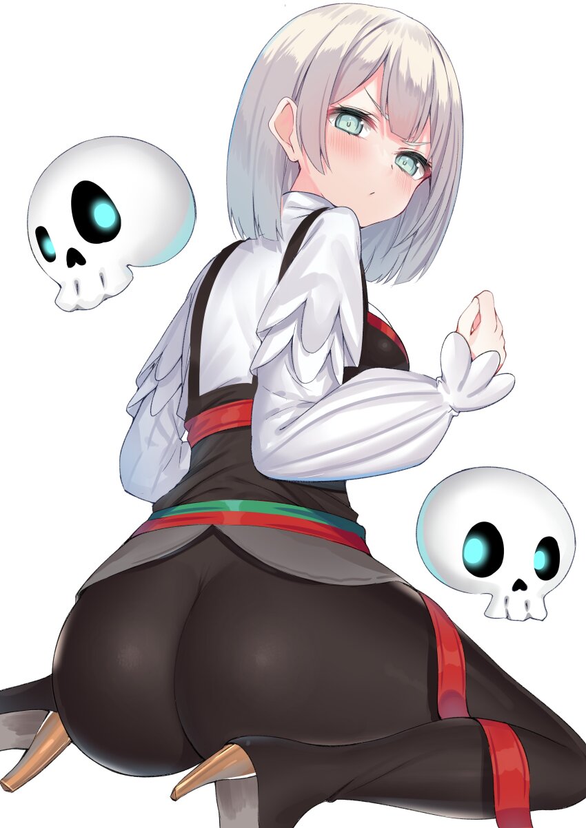 1girl absurdres akershus_fortress_(oshiro_project) ass back black_dress black_pantyhose blue_eyes blush boots breasts butt_crack closed_mouth collared_shirt dress floating_skull from_behind grey_hair high_heels highres kanikou long_sleeves looking_at_viewer looking_back medium_breasts oshiro_project:re pantyhose puffy_long_sleeves puffy_sleeves shirt short_hair simple_background sitting skull sleeveless sleeveless_dress white_background white_shirt