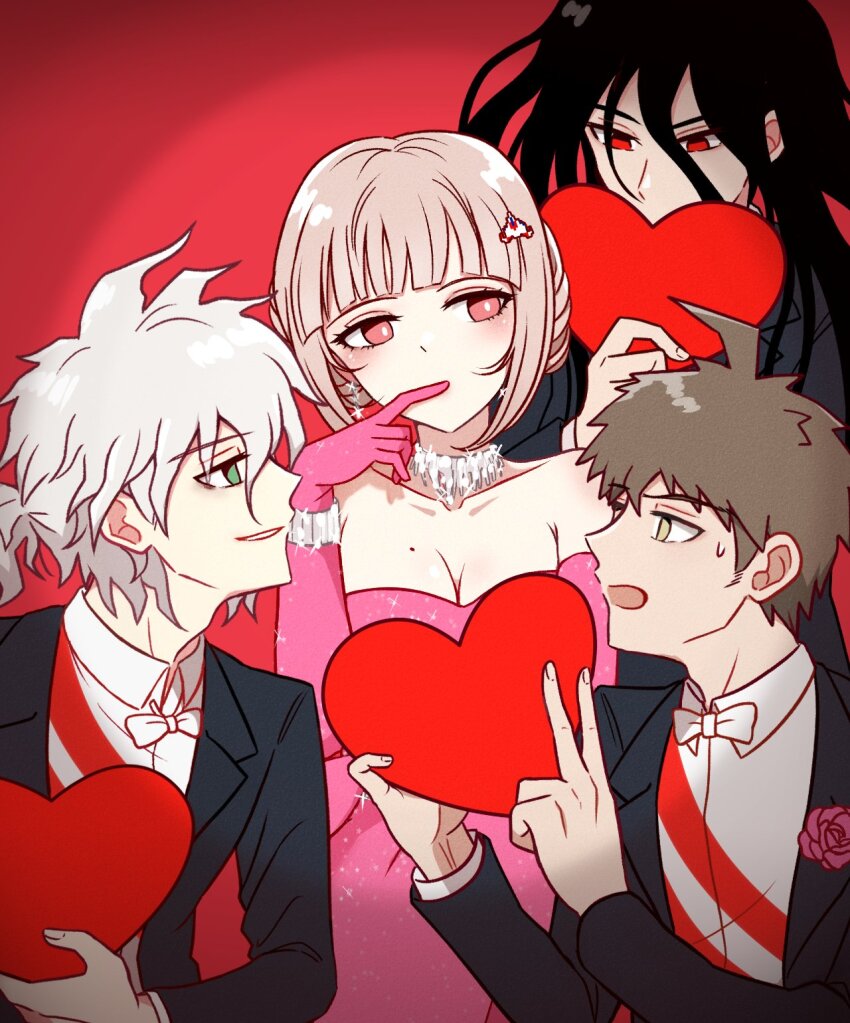 1girl 3boys ahoge alternate_costume alternate_hairstyle armpit_crease bare_shoulders black_hair black_suit blunt_bangs bow bowtie breasts bright_pupils brown_eyes brown_hair cleavage collarbone collared_shirt commentary cosplay covered_mouth danganronpa_(series) danganronpa_2:_goodbye_despair dress earrings elbow_gloves empty_eyes eyelashes finger_to_mouth formal_clothes gentlemen_prefer_blondes gloves green_eyes hair_between_eyes hair_ornament hand_up hands_up heart highres hinata_hajime holding holding_heart index_finger_raised jewelry kamukura_izuru kmnm_1403 komaeda_nagito large_breasts light_blush light_brown_hair long_hair looking_at_another looking_to_the_side male_harem marilyn_monroe marilyn_monroe_(cosplay) mole mole_on_breast multiple_boys nanami_chiaki necklace open_mouth parody parted_lips pink_dress pink_eyes pink_gloves profile red_background red_eyes shirt short_hair simple_background smile sparkle spiked_hair strapless strapless_dress suit sweatdrop symbol-only_commentary tsurime upper_body white_bow white_bowtie white_pupils white_shirt