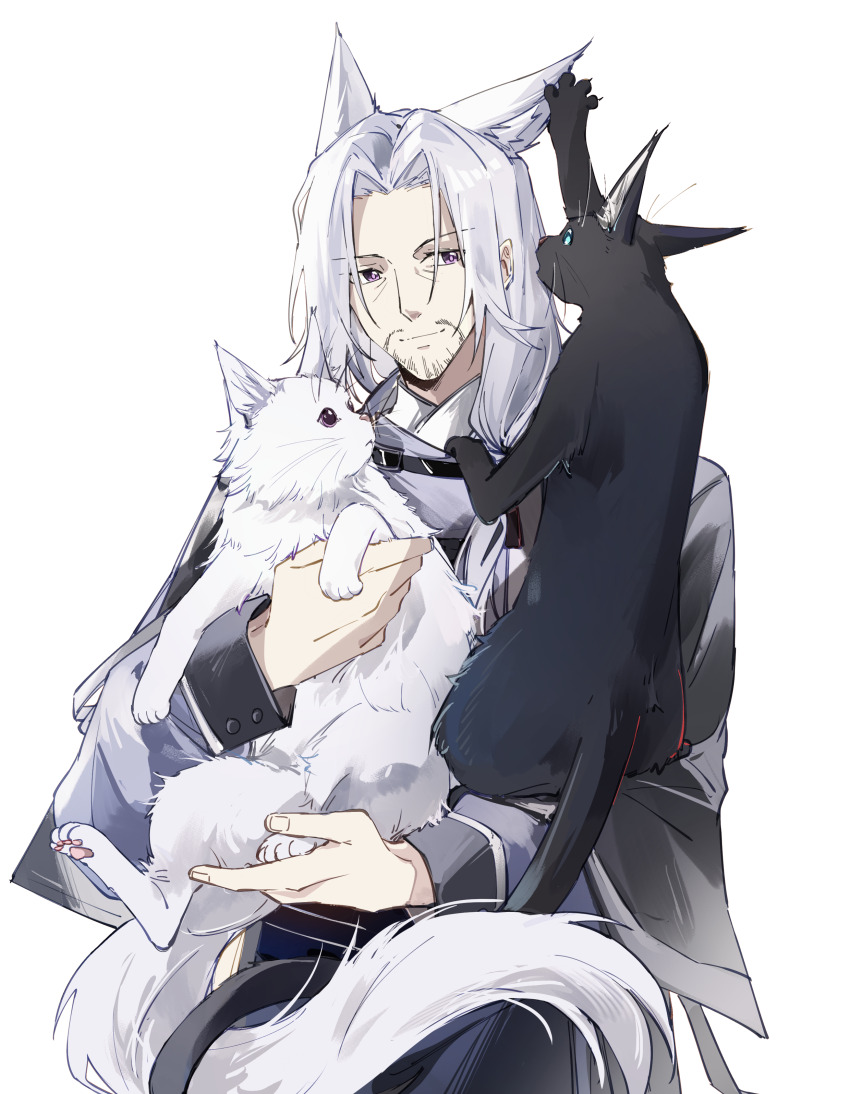 1boy absurdres animal arknights beard_stubble black_cat cat character_request chinese_commentary closed_mouth commentary_request facial_hair grey_jacket hair_intakes highres holding holding_animal holding_cat jacket long_hair long_sleeves looking_at_animal male_focus piaoliu_ping_ping_ping_pingzi purple_eyes simple_background smile solo stubble white_background white_cat white_hair