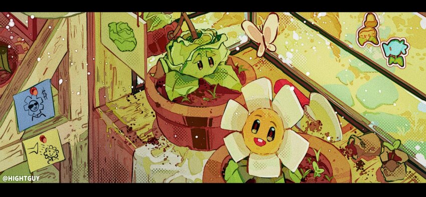 :d bug butterfly cabbage-pult_(plants_vs_zombies) flower_pot garden halftone highres hightguy insect letterboxed marigold_(plants_vs_zombies) no_humans open_mouth plant plant_focus plants_vs_zombies potted_plant smile soil sprout sticker stone_walkway trowel