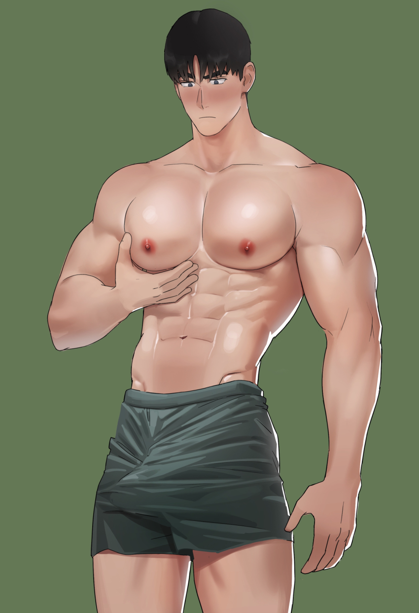 1boy abs absurdres bara black_eyes black_hair blush bulge closed_mouth erection erection_under_clothes grabbing_own_pectoral green_background green_shorts highres large_pectorals male_focus muscular muscular_male naoki_(xhju8282) navel nipples original pectorals short_hair shorts simple_background solo topless_male