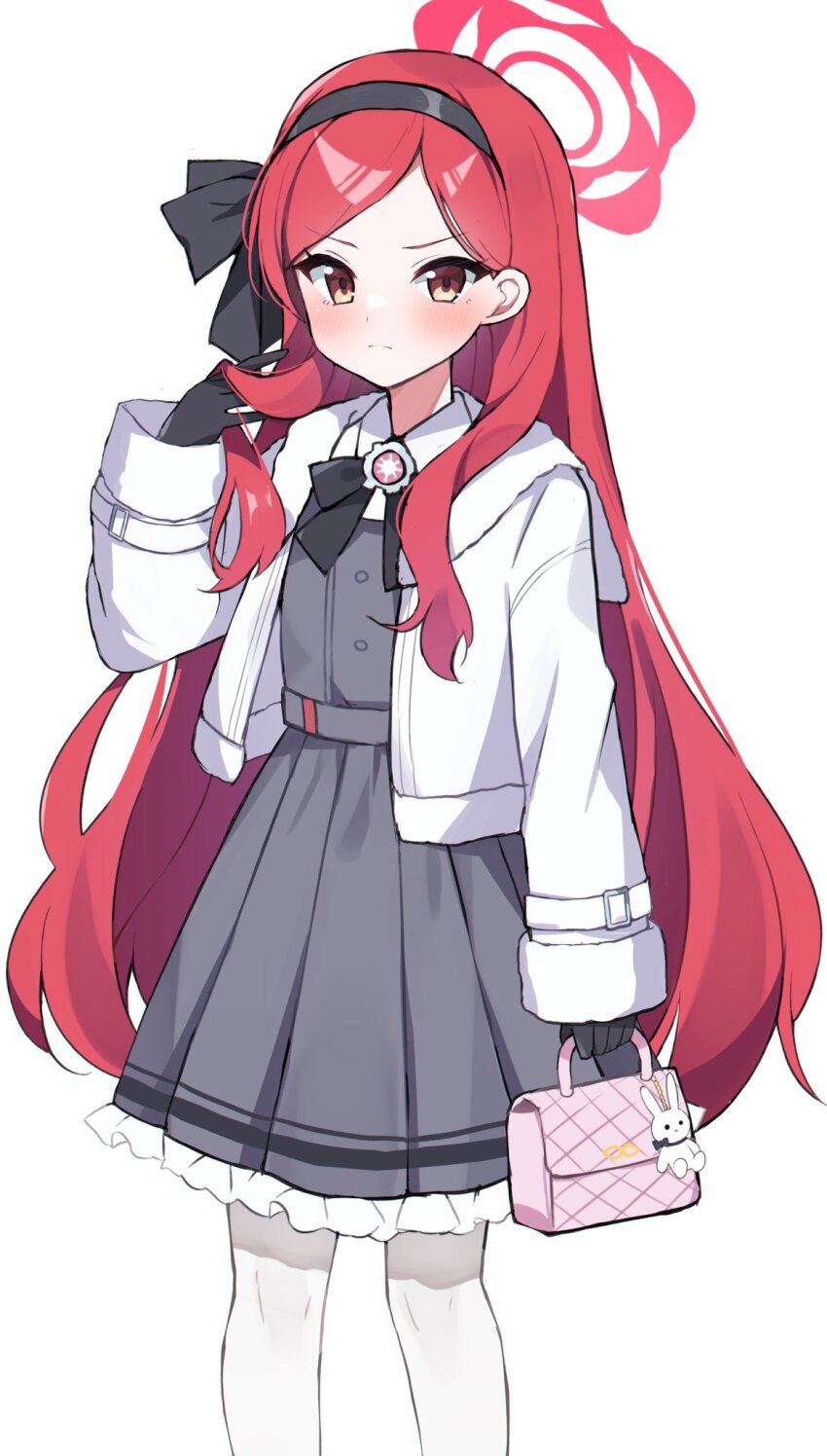 1girl bag black_bow black_bowtie blue_archive bow bowtie collared_shirt commentary_request dress forehead fur-trimmed_jacket fur_trim hairband halo handbag highres holding holding_bag hood hooded_jacket jacket long_hair long_sleeves looking_at_viewer murase48 open_clothes open_jacket orange_eyes pantyhose parted_bangs pinafore_dress red_hair school_uniform shirt sidelocks simple_background sleeveless sleeveless_dress solo takane_(blue_archive) white_background white_jacket white_pantyhose