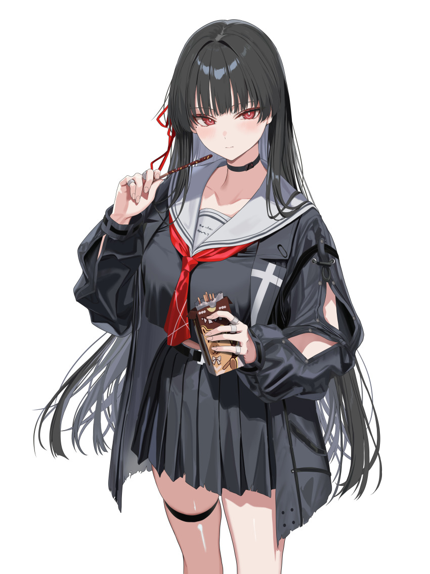 1girl absurdres arm_cutout belt black_belt black_choker black_hair black_jacket black_serafuku black_shirt black_skirt blunt_bangs blush breasts chisa_(wuthering_waves) choker closed_mouth clothing_cutout collarbone commentary_request cowboy_shot eating food grey_sailor_collar hair_ribbon hands_up hidis0086 highres holding holding_food holding_pocky jacket jewelry lapels large_breasts long_hair long_sleeves looking_at_viewer midriff_peek miniskirt mole mole_under_eye multiple_rings necktie notched_lapels open_clothes open_jacket pleated_skirt pocky red_eyes red_necktie red_ribbon ribbon ring sailor_collar school_uniform serafuku shirt shirt_overhang sidelocks simple_background skindentation skirt solo standing straight_hair thigh_strap very_long_hair white_background wuthering_waves
