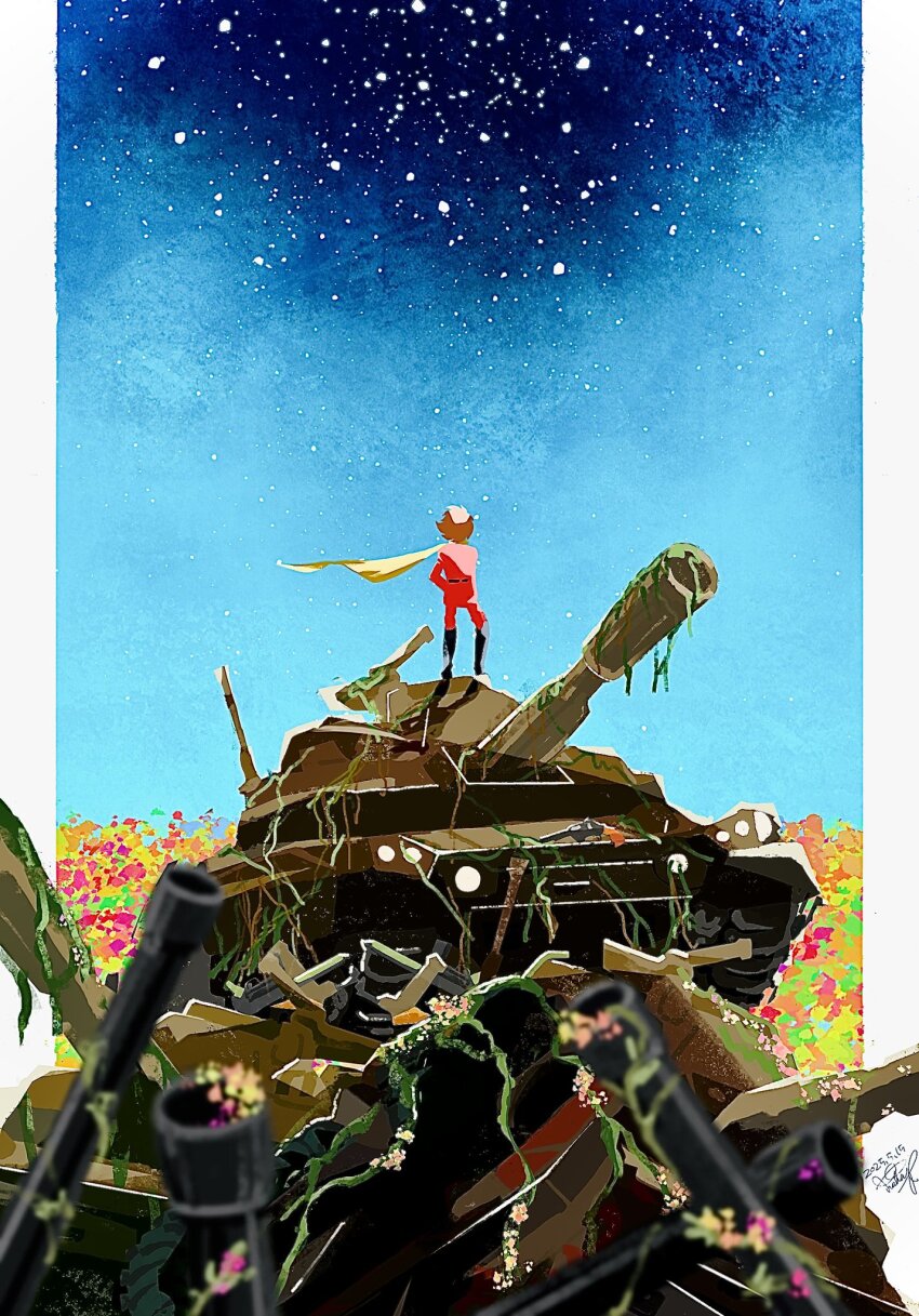 1boy black_boots boots brown_hair coat cyborg cyborg_009 dynamic_pose full_body highres military_uniform military_vehicle motor_vehicle night night_sky overgrown pants post-apocalypse red_coat red_pants scarf shimamura_joe short_hair sky soldier star_(sky) tank yanaka_6009 yellow_scarf
