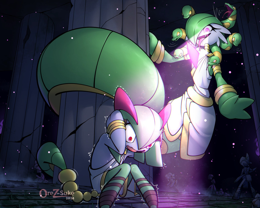 artist_name colored_skin commission ekans fangs gardevoir gen_1_pokemon gen_3_pokemon green_hair green_skin highres horns kirlia multicolored_skin nintendo open_mouth orez-suke pillar pink_eyes pokemon pokemon_(creature) pokemon_infinite_fusion sidelocks smile snake snake_hair trembling two-tone_skin white_skin